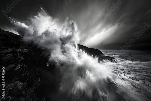 Dramatic black and white seascape photography capturing the raw power and energy of a crashing wave at dusk, as the water explodes against the rugged coastline.
