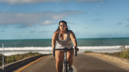 A dark-haired, tanned young woman with some extra weight, dressed in a sports tank top and shorts, is cycling along the ocean road. The concept is an active lifestyle and weight loss