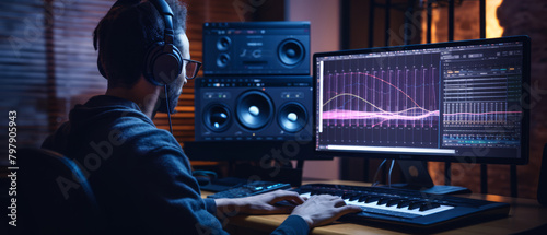 Music producer analyzing waveforms on a computer screen while recording in a studio setup,