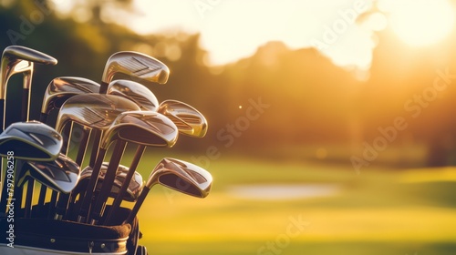 Golf clubs in a bag, standing on a beautifully manicured fairway with morning dew,