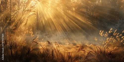 Sunbeams shining through the fog in an autumn meadow, golden hour, grasses and reeds.