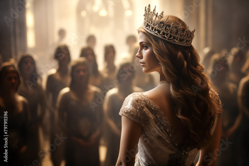 A woman wearing a crown stands in front of a crowd of people