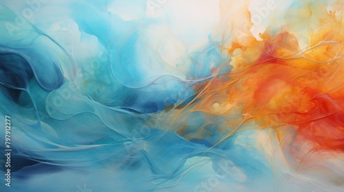 Colorful smoke streams converging in an artful display of blue, orange, and yellow, reminiscent of a fiery sky