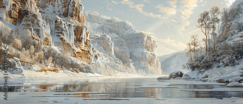 Jagged cliffs of frozen water jutting out of a serene lake