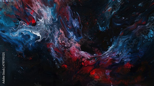 An abstract painting of dark colors, red and blue tones, and a black background. The composition includes various brush strokes creating an intricate pattern that resembles the texture