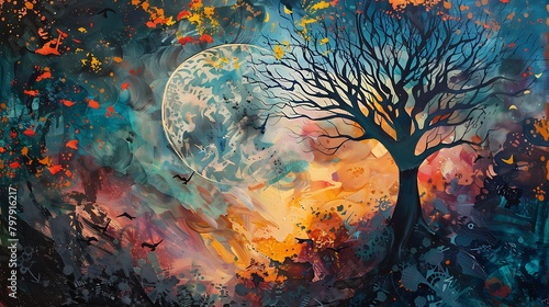 This is a beautiful painting of a tree with a large moon in the background. The tree is bare, with gnarled branches reaching out towards the sky.