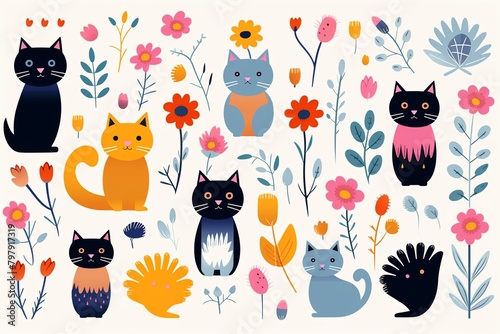 Flat graphic drawing, colorful cats and blooms, simple childlike pattern, white repeating background , cute drawing
