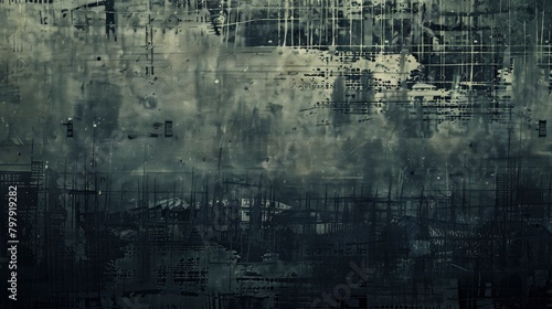 An old newspaper texture background, with gray and black colors, in a dark art style, with rough brushstrokes, detailed architecture paintings, mysterious deep blue tones