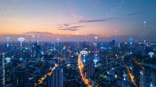 Modern city with wireless network connection concept