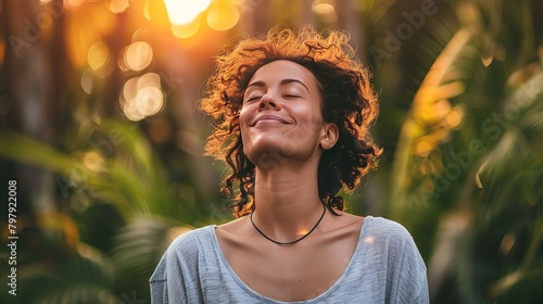 Relaxed woman enjoying nature's calm, embracing a mindful and healthy way of life.
