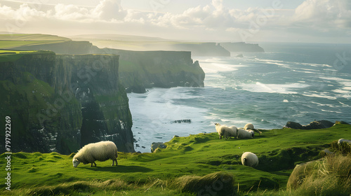 Sheep grazing on the green pastures of Ireland's cliffs by the sea. a picturesque landscape of an Irish coastal scene with sheep in focus against the backdrop of rugged cliffs and ocean waves 