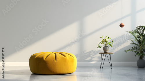 Sleek yellow ottoman in a minimalist setting. demonstrating multipurpose use and ecological design