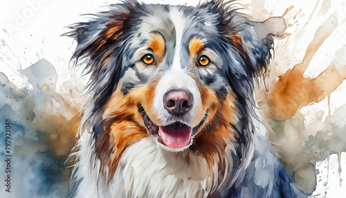 Watercolor illustration of dog Australian Shepherd breed. Puppy portrait, cute home domestic pet