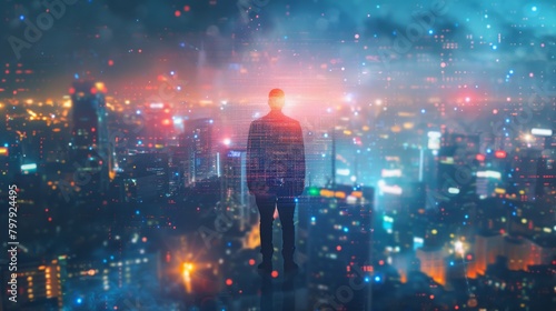 Rear view of businessman standing with his hands in pockets and looking at city with double exposure of network hologram. Concept of hi tech in business.