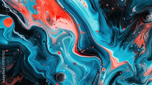 close up of abstract fluid art, light blue and teal paint swirls with peach highlights, red details, dark black lines, high contrast
