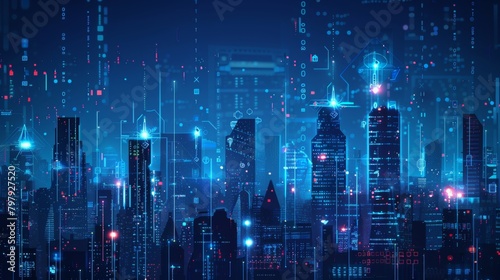 Smart city, IoT Internet of Things, global network communication, digital technology innovation concept. Cityscape at night with icons, abstract blue technology background