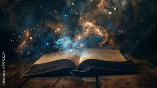 Fairytale, mystery and sparkle with magic book or textbook for storytelling, mystical world and knowledge. Fantasy, star dust and novel with information for education, imagination and literature.