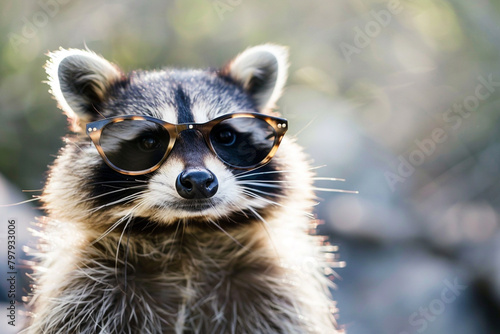 A raccoon flaunting fashionable sunglasses, adding a touch of charm to its already captivating presence.