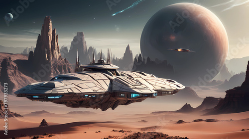 Realistic Professional shot of the Interstellar Battleship "Roberta Draper VIII Orichalcum" with futuristic technological modifications flying over a desert planet landscape featuring mountains, canyo