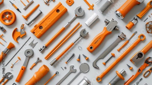 Bold orange tools lay scattered with purpose on pristine white, crafting a DIY symphony.