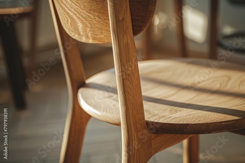 Sunlight caresses the smooth curves of a beautifully designed wooden chair, emphasizing elegance.