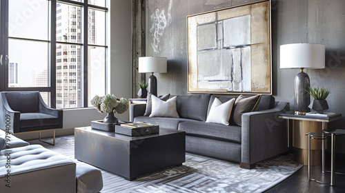 Modern meets timeless in a sleek urban living room with a charcoal-gray sofa as the focal point. Neutral tones, metallic finishes