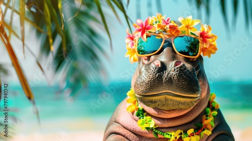 Summer background, Hippopotamus with hawaiian costume tropical palm and beach background