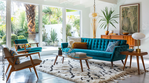 Step into a mid-century modern living room with iconic furniture, retro artwork, and vintage flair, blending timeless design with modern comfort.