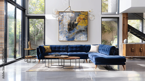 Spacious living room with navy sofa, light wood end tables, floor-to-ceiling windows, abstract painting, polished concrete floors.