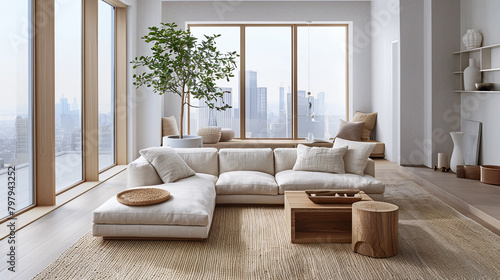 Minimalist living room with neutral colors & natural materials. Beige linen sofa on sisal rug, simple coffee table, floor-to-ceiling windows, potted plant for green touch.