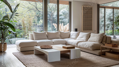 Minimalist living room with neutral colors & natural materials. Beige linen sofa on sisal rug, simple coffee table with white lacquered finish