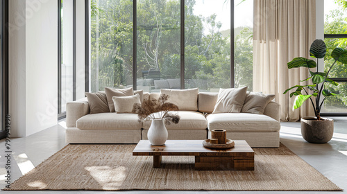 Minimalist living room with neutral colors and natural materials. Beige linen sofa on sisal rug, minimalist coffee table with white lacquered finish