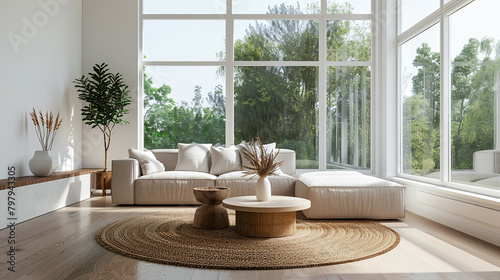 Minimalist living room with neutral colors and natural materials. Beige linen sofa, clean lines, sisal rug. White lacquered coffee table, wood top