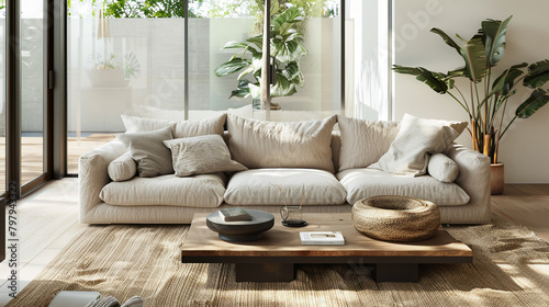 Minimalist living room with neutral colors & natural accents. Beige linen sofa on sisal rug, sleek coffee table, floor-to-ceiling windows for light, potted plant for greenery.