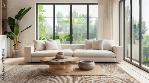 A serene living room with neutral colors and natural accents. Beige linen sofa on sisal rug, minimalist coffee table with black frame and wood top.