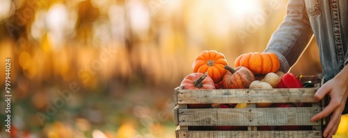 Hand holding wooden box with harvested vegetables on blurred farmland background, with copy space, banner for october festival, extra wide, thanksgiving, harvest moon