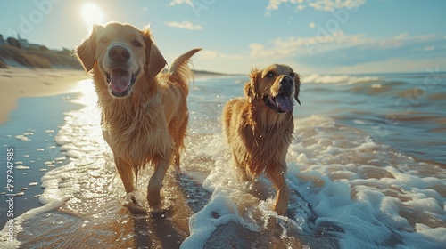 Two golden retrievers running on the beach