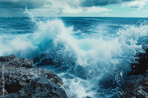 A powerful ocean wave crashing against the rocks.