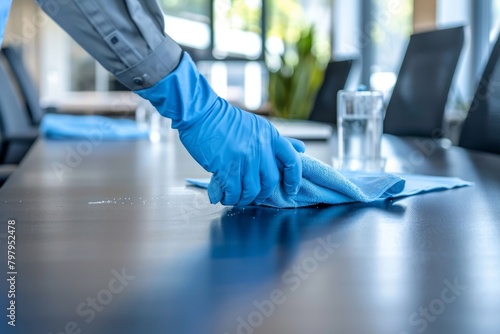 Cleaning staff disinfecting and wiping office tables for hygienic environment maintenance