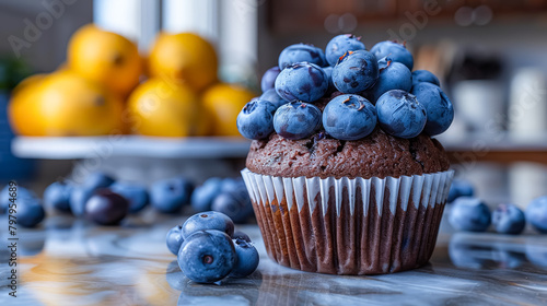 Three indulgent chocolate cupcakes topped with fluffy whipped cream and adorned with plump blueberries, a delightful fusion of flavors and textures