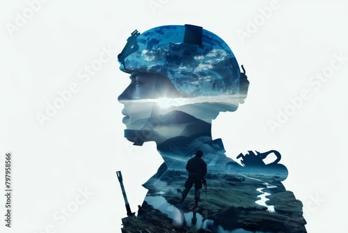 Silhouette of Soldier and Battlefield Isolated on White - Military Concepts, Armed Forces Deployment, Heroic Symbolism