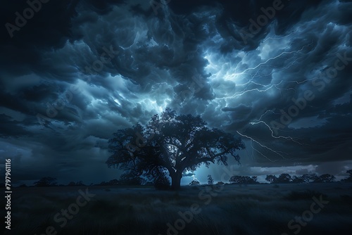 Dramatic landscape photograph of a lone tree silhouetted against a dark storm cloud, illuminated by a single, powerful lightning strike.