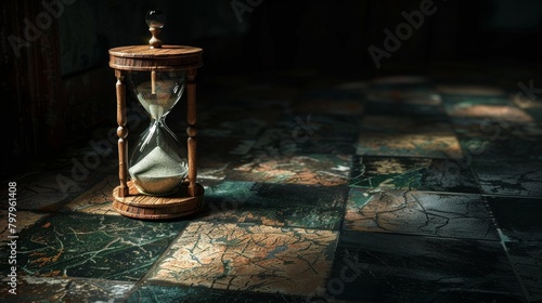 an hourglass on a dark floor, Generative AI