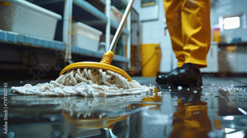 A cleaning lady cleans the floor with a mop. Close-up of a mop