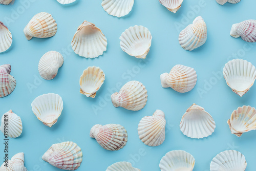 Assorted Seashells on Vibrant Blue Background, Flat Lay Top View Collection of Ocean Treasures