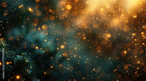 Abstract blur bokeh banner background. Gold bokeh on defocused emerald green background