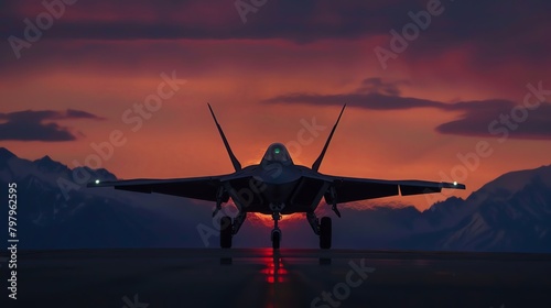 Breathtaking shot of an F22 Raptor landing gracefully at duskthe landing gear perfectly touching downwith a background of mountains silhouetted against a twilight sky.