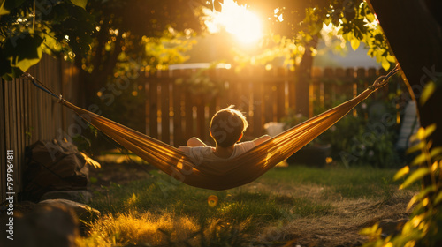 The warm glow of the setting sun casts a peaceful scene over the backyard, where a young boy lazily swings in a hammock, lost in the carefree moment.