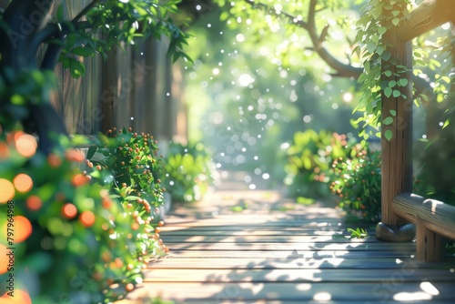 b'Wooden walkway in a lush green garden with sunlight shining through the trees'