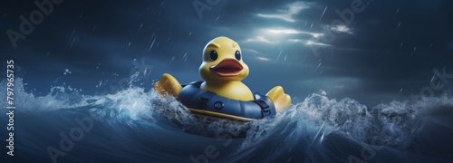 A yellow rubber duck is in the water, splashing around and enjoying the waves